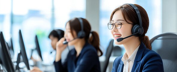Efficient call center staff working together in modern office environment, showcasing teamwork and professionalism. Their smiles reflect positive work atmosphere