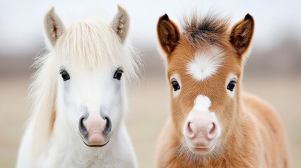 Obraz premium Adorable ponies, field background, springtime, family portrait, stock photo