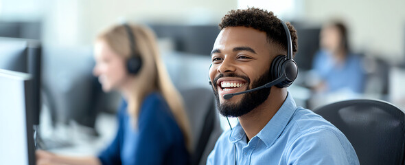 Smiling man in headset at call center, providing customer support with enthusiasm. Engaged in conversation, showcasing teamwork and professionalism in modern office environment