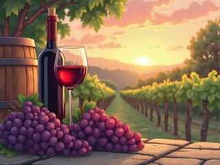 Naklejka premium Relaxation in the vineyard. Wine tasting. Vector style.