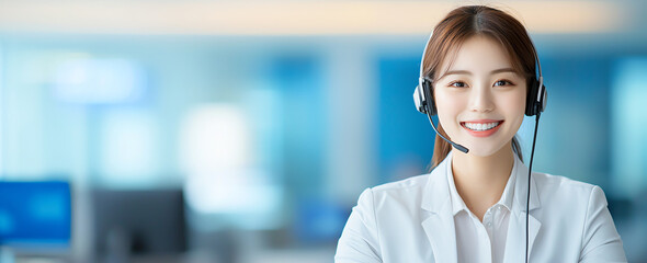 cheerful woman in headset smiles while working in modern office environment, showcasing professionalism and approachability