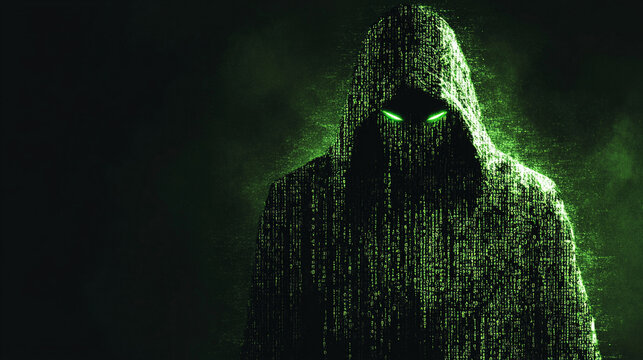 Mysterious hooded figure surrounded by glowing digital matrix rain effect with binary code fragments scattered across dark atmospheric scene symbolizing cyber security encryption and digital secrecy

