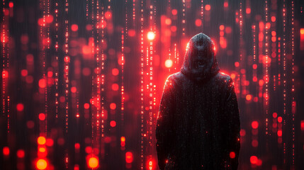Mysterious hooded figure surrounded by glowing digital matrix rain effect with binary code fragments scattered across dark atmospheric scene symbolizing cyber security encryption and digital secrecy

