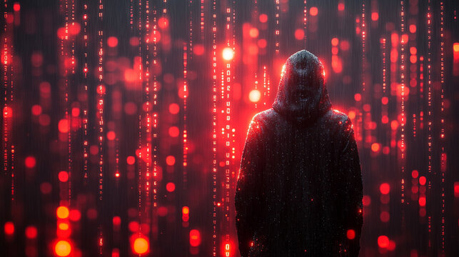 Mysterious hooded figure surrounded by glowing digital matrix rain effect with binary code fragments scattered across dark atmospheric scene symbolizing cyber security encryption and digital secrecy

