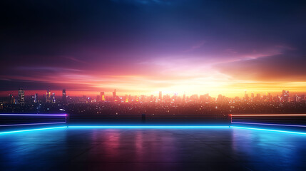 vibrant city skyline at sunset, featuring colorful neon lights and reflective surface. scene captures serene yet dynamic atmosphere, perfect for urban aesthetics