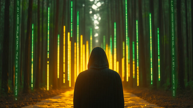 Mysterious hooded figure surrounded by glowing digital matrix rain effect with binary code fragments scattered across dark atmospheric scene symbolizing cyber security encryption and digital secrecy

