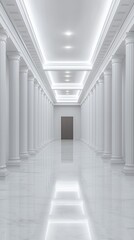 Obraz premium Long White Marble Hallway with Classical Columns and Bright Lighting