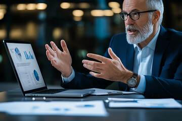 Business professional discussing data analysis during meeting, showcasing graphs on laptop. Engaging conversation with visual aids enhances understanding