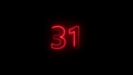 Neon text 31 number icon background. neon glowing countdown number 31, Number 31 Animation. 31 percentage discount animated.
