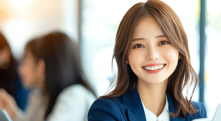 Fototapeta premium young businesswoman is smiling confidently in modern office setting, showcasing professionalism and positivity. Her bright expression reflects successful work environment