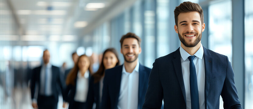team of male and female employees in suits walking confidently in modern office corridor, showcasing professionalism and teamwork