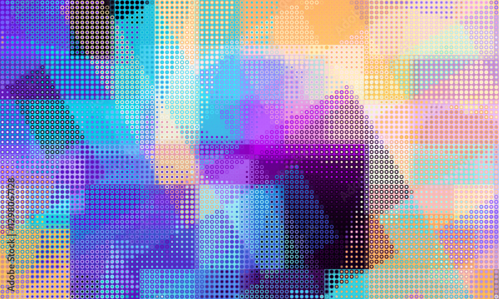Poster Pixilated abstract Energy background. Halftone effect. Vector image. Small particles with overlay moire effect
