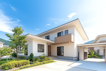 Modern single family house with spacious garden and clear blue sky. architecture features clean lines and large windows, creating bright and inviting atmosphere