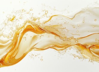 Fluid motion of golden liquid with bubbles and waves captured on a white background in a high-definition quality image for creative projects and designs.