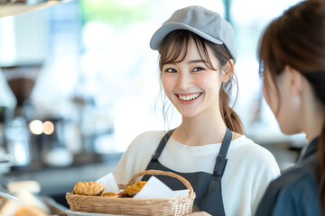 young woman wearing cap and apron smiles while serving baked goods in cafe. Her cheerful demeanor adds warmth to inviting atmosphere