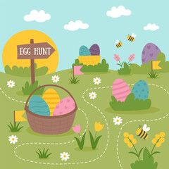 Easter egg hunt concept banner. Easter card with Easter eggs on the meadow. Hand drawn flat style background.