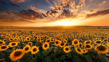 Obraz premium Vast sunflower field to horizon: dramatic sunset & golden light. Breathtaking & warm landscape. Ideal for summer themes & inspiring backgrounds.