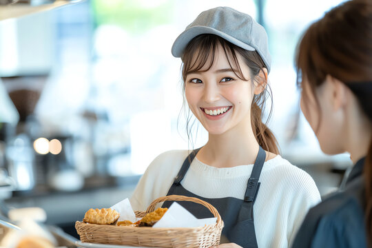 young woman wearing cap and apron smiles while serving baked goods in cafe. Her cheerful demeanor adds warmth to inviting atmosphere