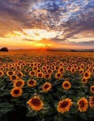 Obraz premium Vast sunflower field to horizon: dramatic sunset & golden light. Breathtaking & warm landscape. Ideal for summer themes & inspiring backgrounds.