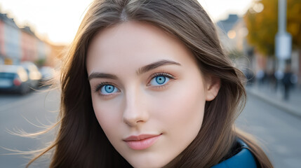 Young urban woman with blue eyes and a fair complexion poses for the camera.