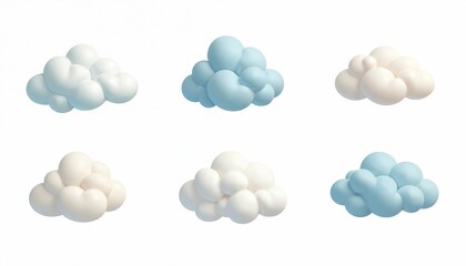Fototapeta premium Set of six rounded fluffy cartoon clouds isolated on white transparent background. White, soft blue colors. 3D render design elements for weather forecast, sky, heaven concept, kid games,