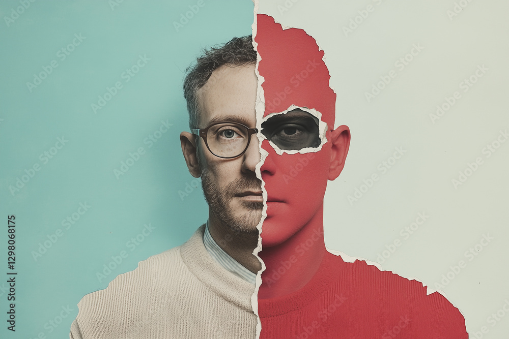 Aufkleber collage style image of man face split vertically, blending realism and abstraction