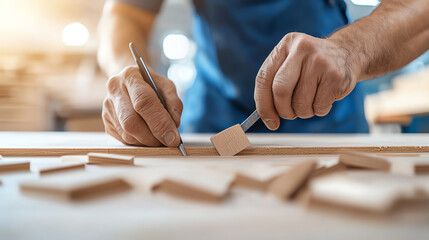 Craftsman working on wooden project, measuring and marking wood pieces with precision tools. focus is on craftsmanship and attention to detail in woodworking