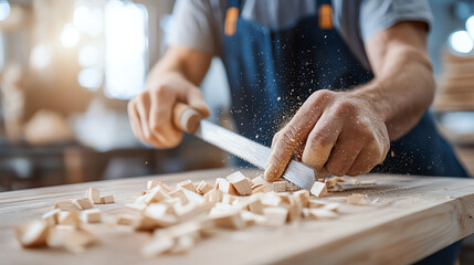 Fototapeta premium Craftsman shaping wood with hand tool, creating wooden pieces in workshop. scene captures artistry and skill involved in woodworking, with sawdust flying