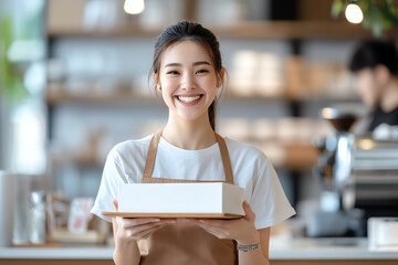 Smiling waitress holding cake box in cozy cafe, showcasing warmth and hospitality. inviting atmosphere enhances joyful experience