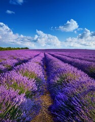 Vibrant lavender field stretches endlessly under deep blue summer sky. Breathtaking & serene landscape. Ideal for summer themes & calming backgrounds.

