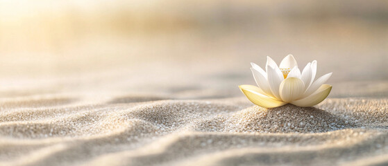 serene white lotus flower rests on rippled sand under soft sunlight, evoking tranquility