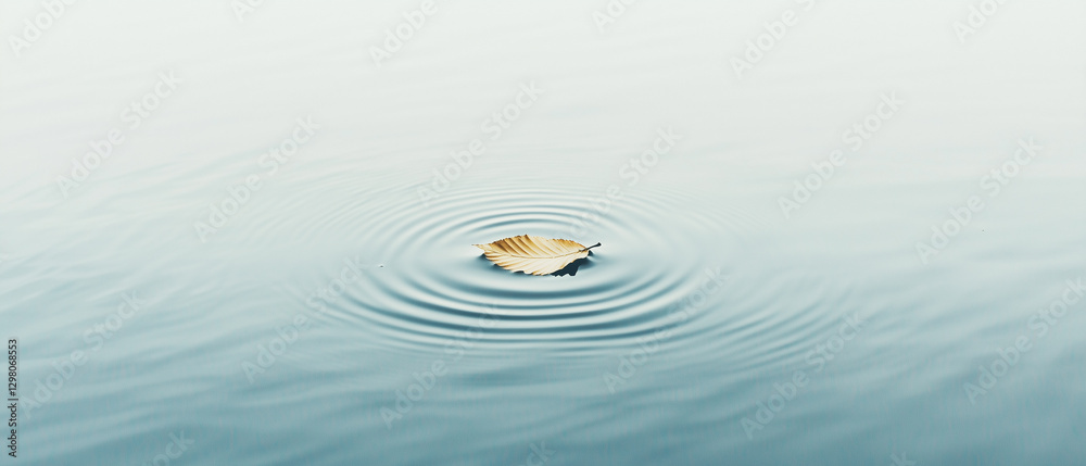 Aufkleber single golden leaf floats on serene water surface, creating gentle ripples
