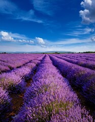 Vibrant lavender field stretches endlessly under deep blue summer sky. Breathtaking & serene landscape. Ideal for summer themes & calming backgrounds.

