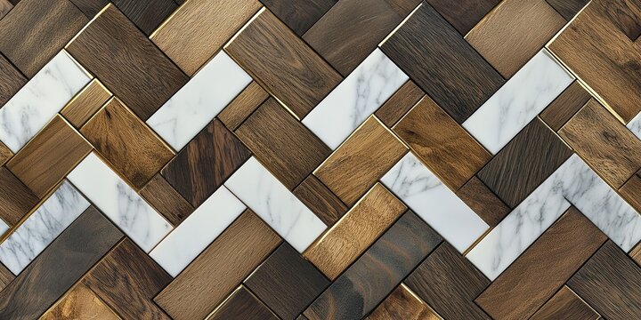 Sophisticated herringbone pattern with wood, marble and brass for interior design