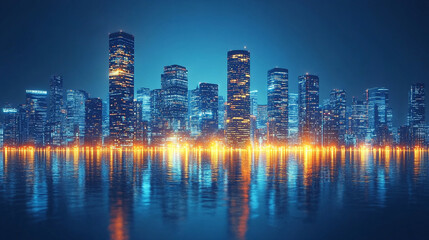 Fototapeta premium Digital rendering of a futuristic city glowing at night with tall smart buildings and abstract modern architecture symbolizing innovation technology and urban progress