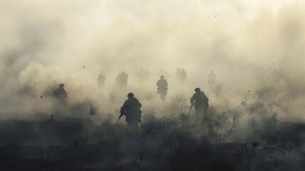 Fototapeta premium A smoky battlefield scene with soldiers moving through the haze with