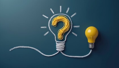 Conceptual flat lay of lightbulb drawing with question mark inside, yellow bulb nearby. Idea, innovation, solution, creativity on blue background. Asking, thinking, power, communication, inspiration,