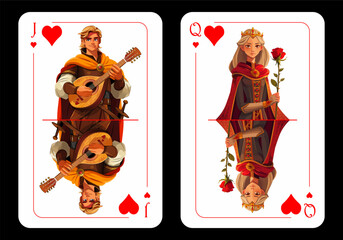 Queen of Hearts and Jack of Hearts, original playing card design on black background. Vector illustration