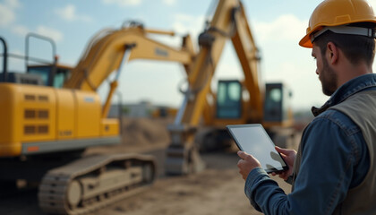 Construction Site Engineer Using Tablet for Machinery Monitoring with excavators in the background