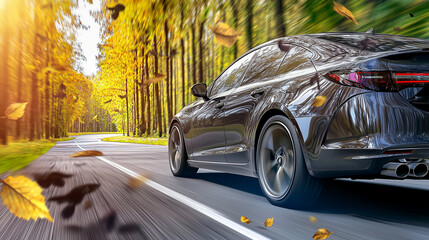 Fototapeta premium sleek car speeds through forest road with autumn leaves swirling around