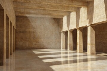 Ancient temple with sunlit columns hieroglyphs