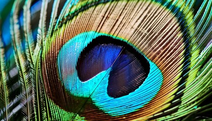 Obraz premium Vibrant macro peacock feather: colorful, sharp details, bright blue hues. Exotic & detailed. Ideal for vibrant backgrounds & nature designs.