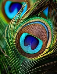 Naklejka premium Vibrant macro peacock feather: colorful, sharp details, bright blue hues. Exotic & detailed. Ideal for vibrant backgrounds & nature designs.