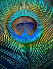 Obraz premium Vibrant macro peacock feather: colorful, sharp details, bright blue hues. Exotic & detailed. Ideal for vibrant backgrounds & nature designs.