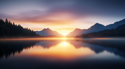 Obraz premium stunning sunrise over tranquil lake, surrounded by mountains and forests, reflecting vibrant colors in water. serene atmosphere evokes peace and beauty