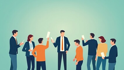 Team Bonding. Business people diverse team discussing ideas, holding documents and coffee, brainstorming in modern office, teamwork collaboration, professional meeting with green gradient background,