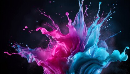 Obraz premium Vibrant neon splash: pink, purple & cyan blend in fluid motion. Energetic & dynamic color burst. Ideal for modern backgrounds & eye-catching designs.