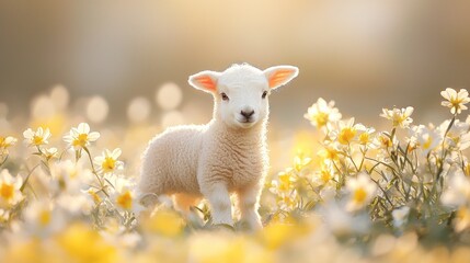 Fototapeta premium Adorable Lamb in a Field of Daisies