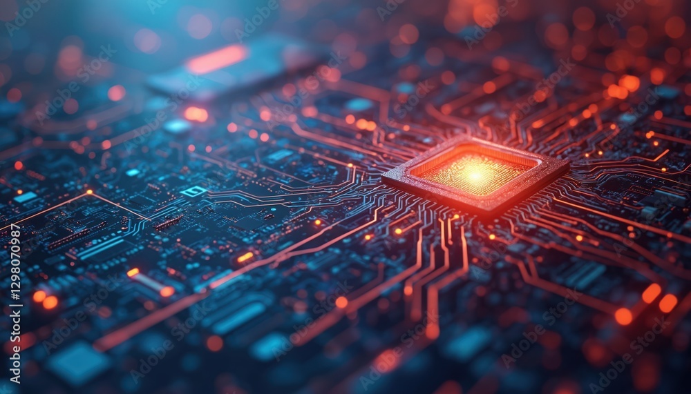 Leinwandbilder Hi-tech abstract background CPU microchip with glowing circuits. Electronic motherboard demonstrates digital technology innovation, cybersecurity, big data. Orange, blue colors for science,
