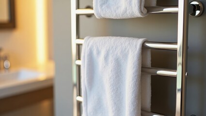 Towel Warmer. White towel hanging on silver rack, bathroom interior, c